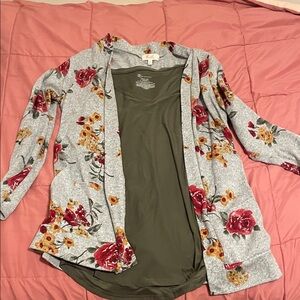 Floral Gray Cardigan with Red and Yellow Accents